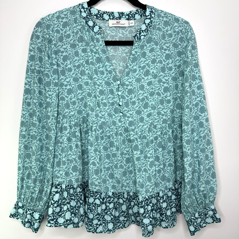 Vineyard Vines XXS Teal Sea Floral Long Sleeve Blouse - Preppy Nautical Style